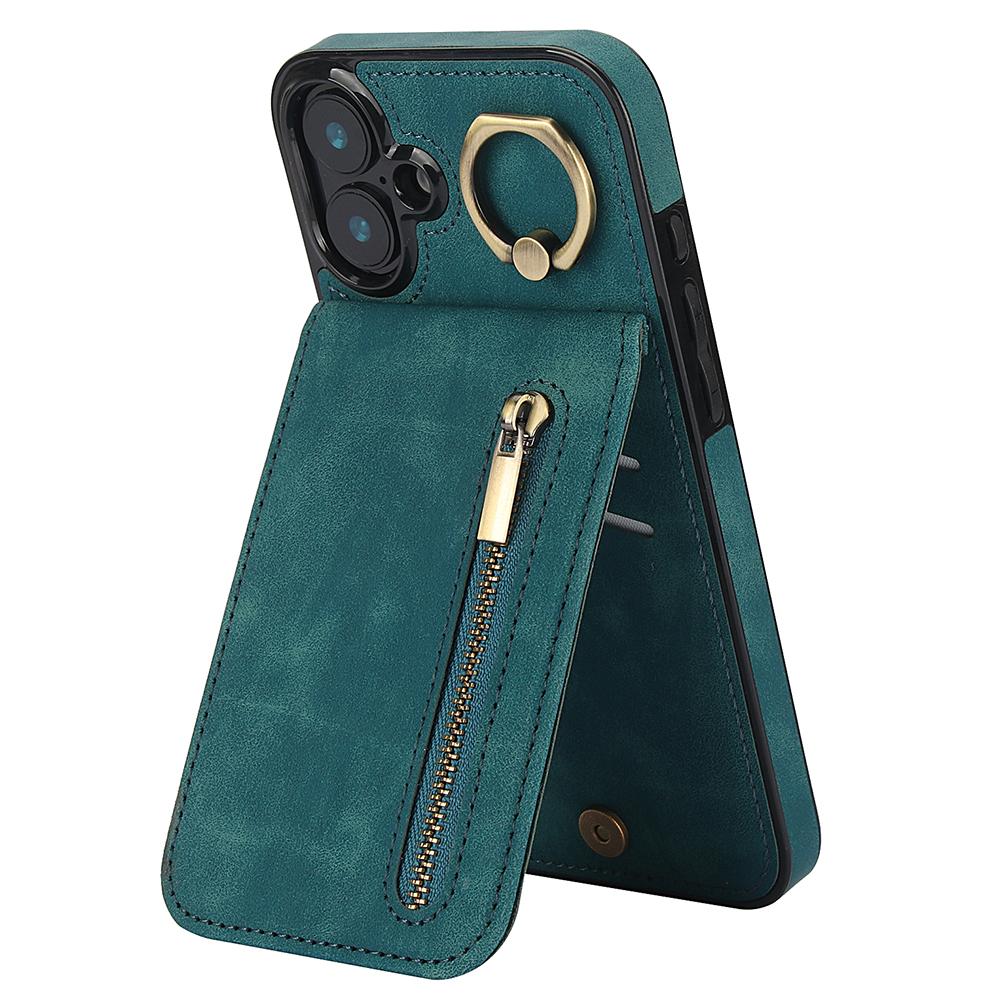 For iPhone 16 Plus Case RFID Blocking Ring Kickstand Retro Leather+TPU Anti-Fall Phone Cover