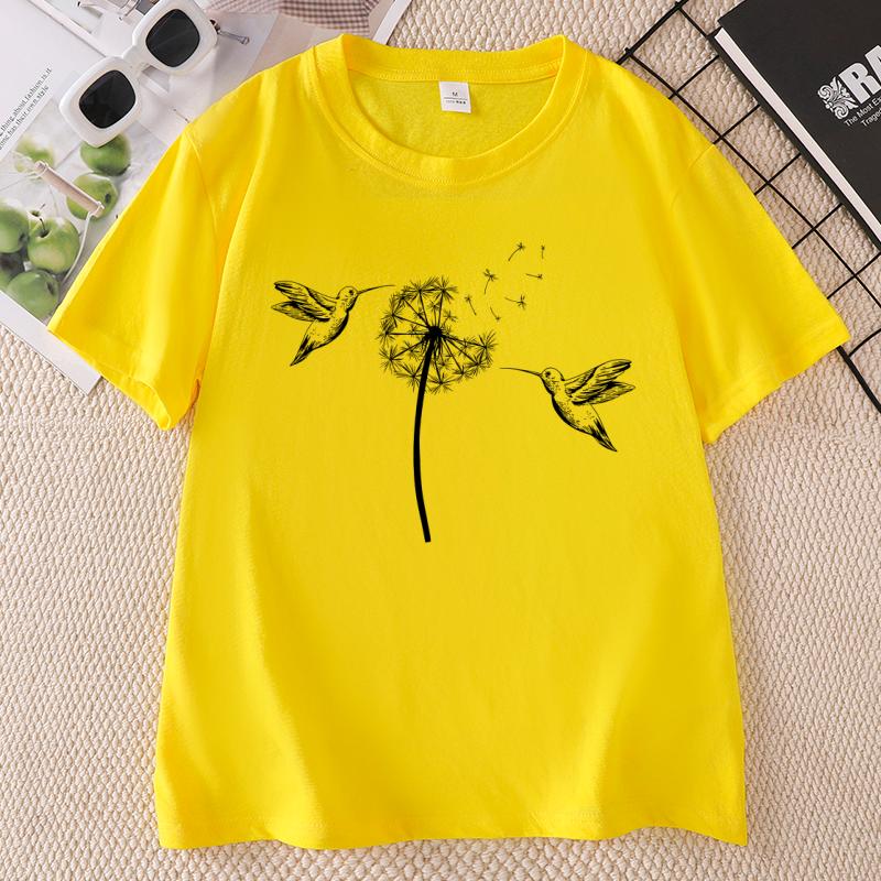 Cute Dandelion Hummingbird TShirt Unisex Ladies Nature Lovers Tee Casual Cotton Short Sleeve Animal Lover Tshirts Clothes