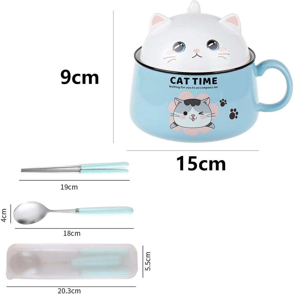 Ramen Bowl with Handle and Lid - Ceramic Instant Noodle Bowl for Soup, Salad, Cereal (Blue)