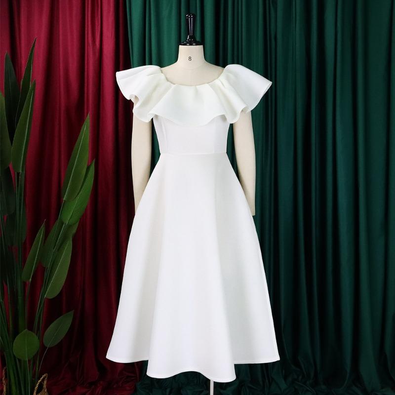 Women Elegant Ruffled High Waist A Line Midi Evening Party Dress