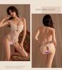 Women's French Mesh & Lace Erotic Lingerie Bodysuit with Bow