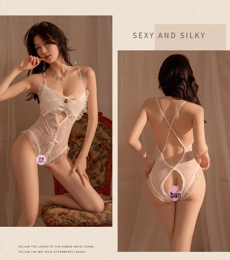 Women's French Mesh & Lace Erotic Lingerie Bodysuit with Bow