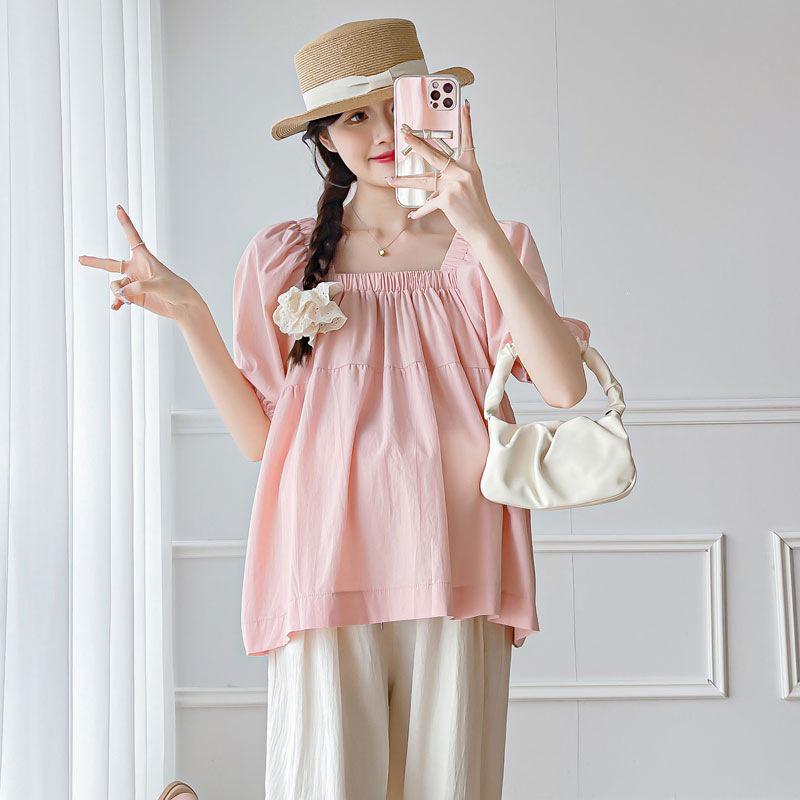

2026 Maternity Summer Off-the-Shoulder Puff Sleeve Top & Casual Straight-Leg Pants Set XL
