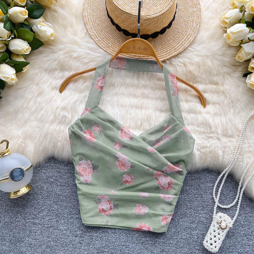 Dámske Sladké Šifónové Potlačené Camis Letné Halter Bez Chrbta Sieťované Tank Topy Vintage Bez Rukávov Štíhle Dobby Základy Crop Top Y2k
