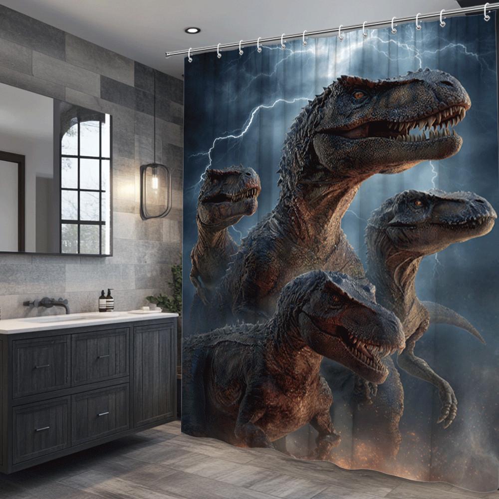 Dinosaur Shower Curtain T Rex Jurassic Scene Thunderstorm Background Wild Prehistoric Decor Kids Bathroom Waterproof Non-Toxic