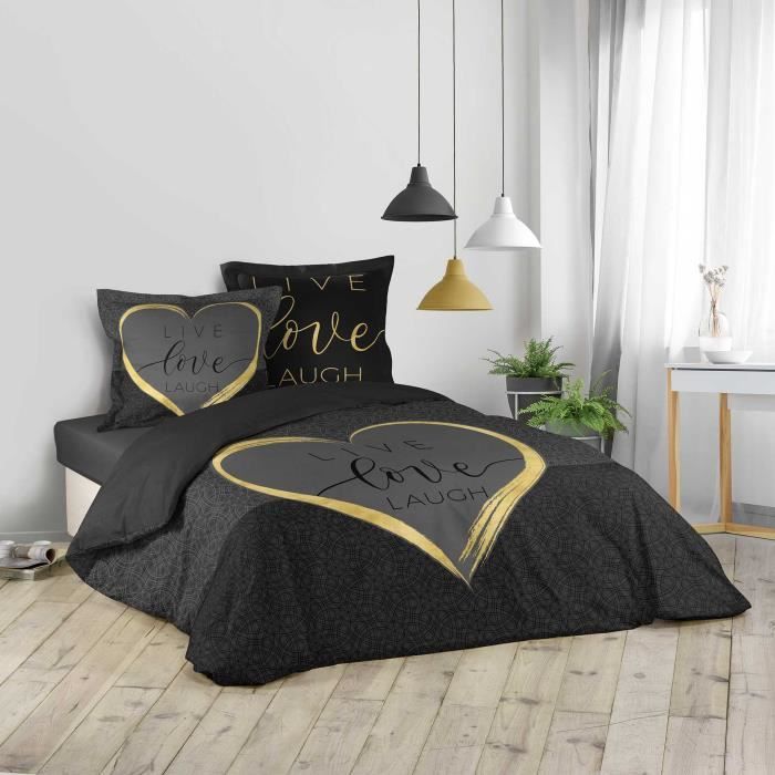Parure housse couette 240x220 cm Live Love Lauch - Essentiel - Noir et jaune - Qualité supérieure 100% Coton