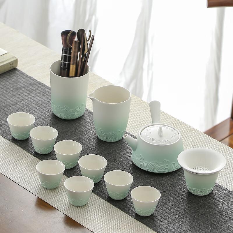 Lainuo Rough Pottery Gradient Green Wave 12-Piece Tea Set