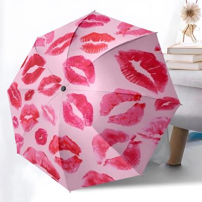 1pc Lipstick Kisses Pattern Automatic Folding Umbrella - 8-Rib Durable Iron Frame, Compact Portable for Daily Travel Yy251205072