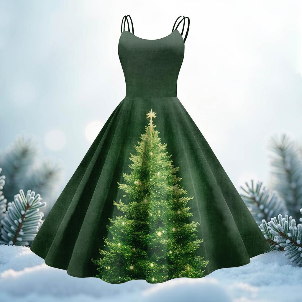 Women's Christmas Print Casual Fashion Round Neck Mid-Length Dress