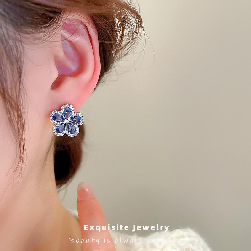 Retro niebieskie cyrkoniowe kwiatowe kolczyki sztyfty ze srebra spersonalizowane wykwintne kolczyki