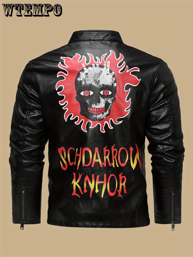 Men's Skull & Flames Print PU Leather Jacket - Street Style Cool Handsome Motorcycle Riding Jacket - PU Leather - for Men