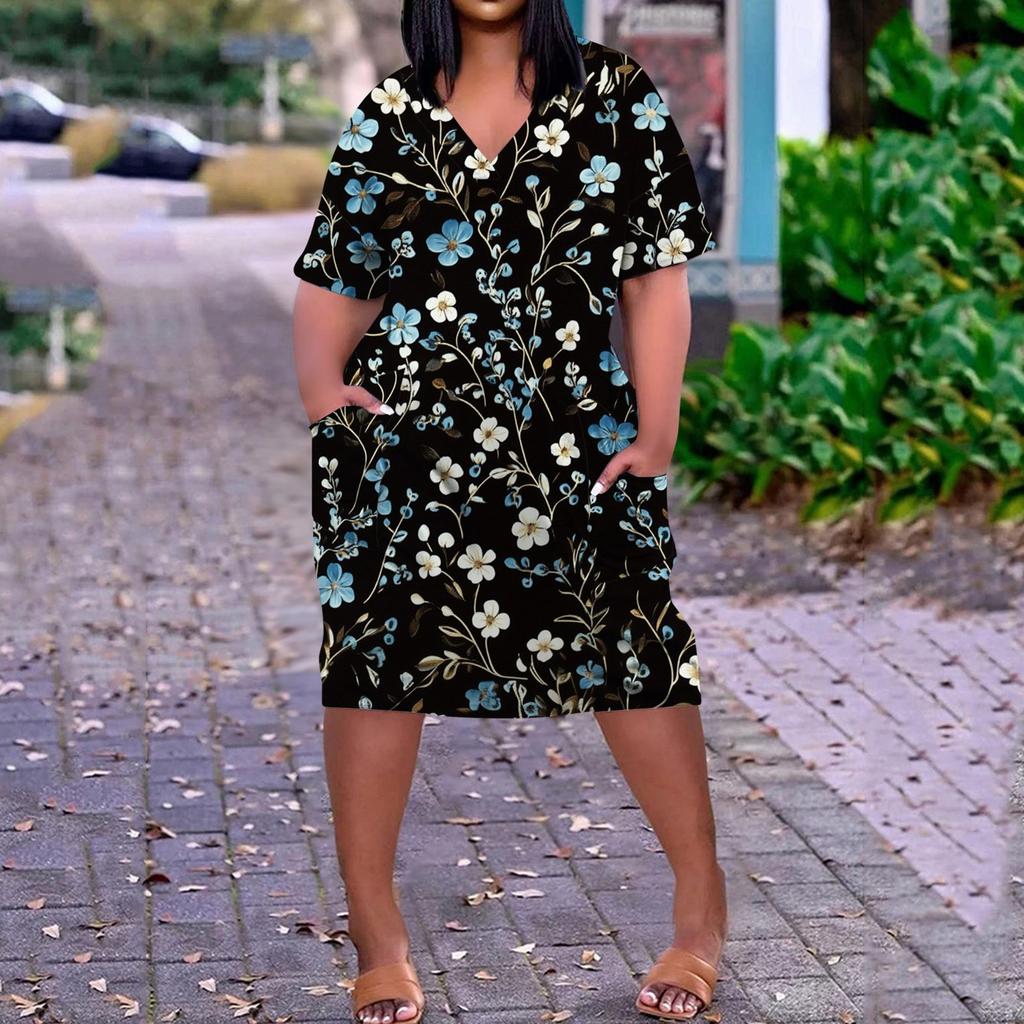 Summer Plus Size V Neck Short Sleeve Knee Pocket  Print Casual Dress For Women