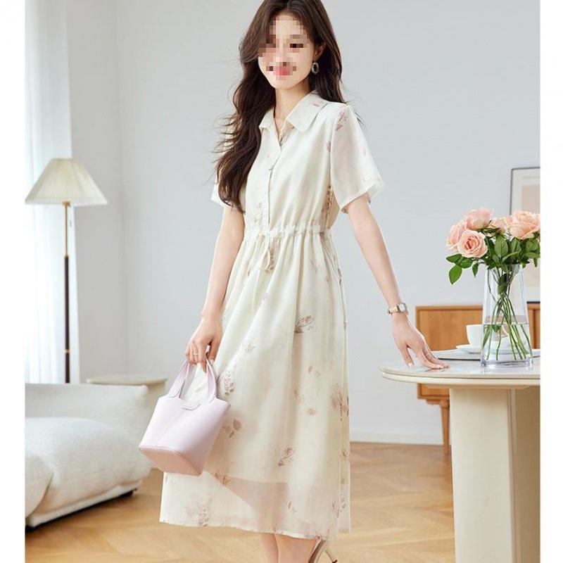 Elegant Summer Floral Chiffon Dress - Women s Waist-Cinching Long Skirt XL