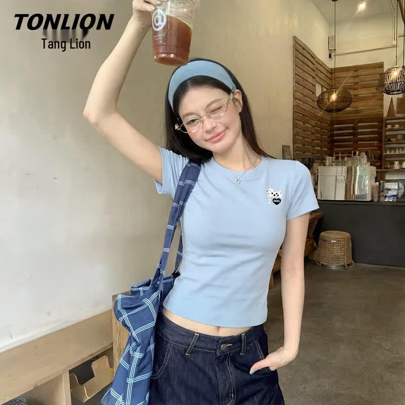 TonLion Women s Slim Fit Dog Print Round Neck T-Shirt 2XL