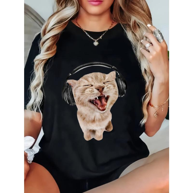 Women Casual Loose T Shirt Black Cat With Headphones Singing Music Print Summer Everyday Wear