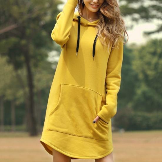 Casual Women Autumn Winter Long Sleeve Pocket Drawstring Loose Hoodie Mini Dress