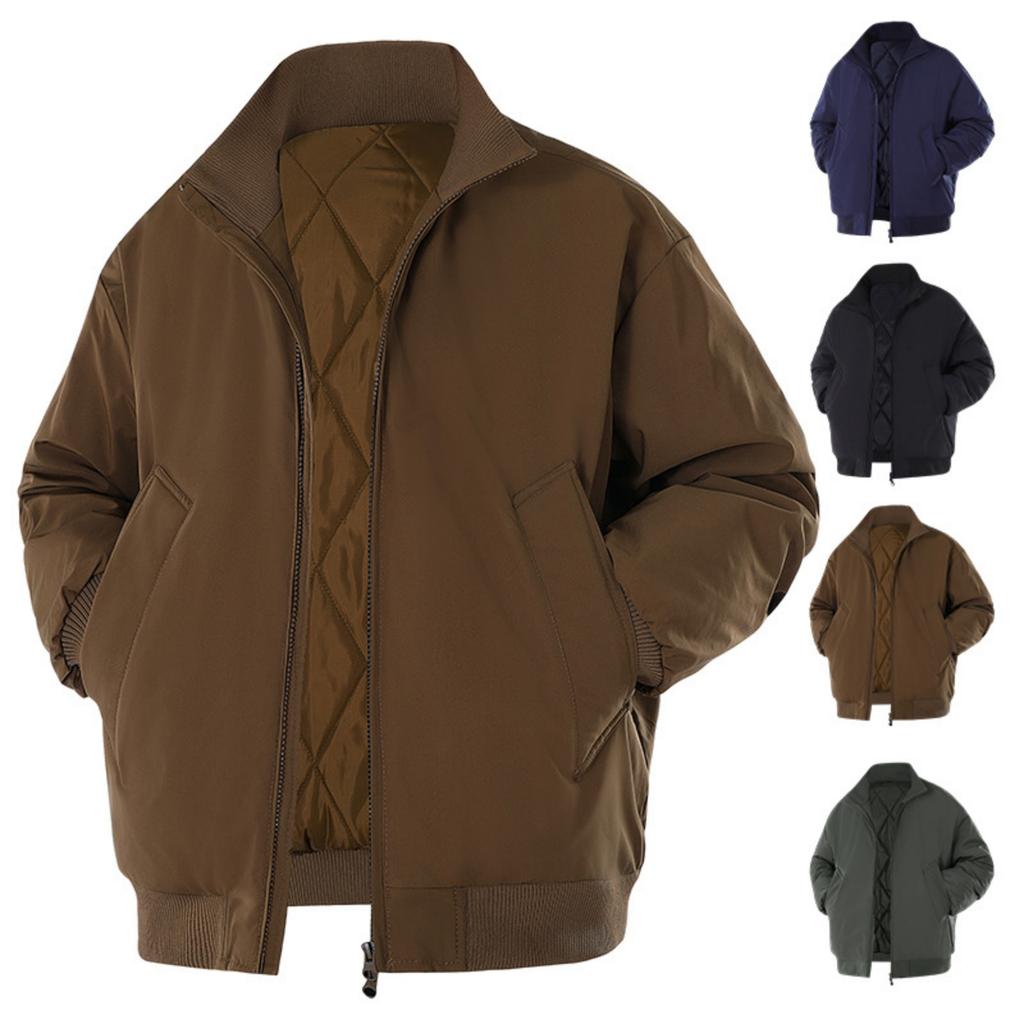 Men's Casual Solid-color Stand-up Collar Waterproof And Windproof Cotton-padded Jacket, Men's Retro Cotton-padded Warm Jacket