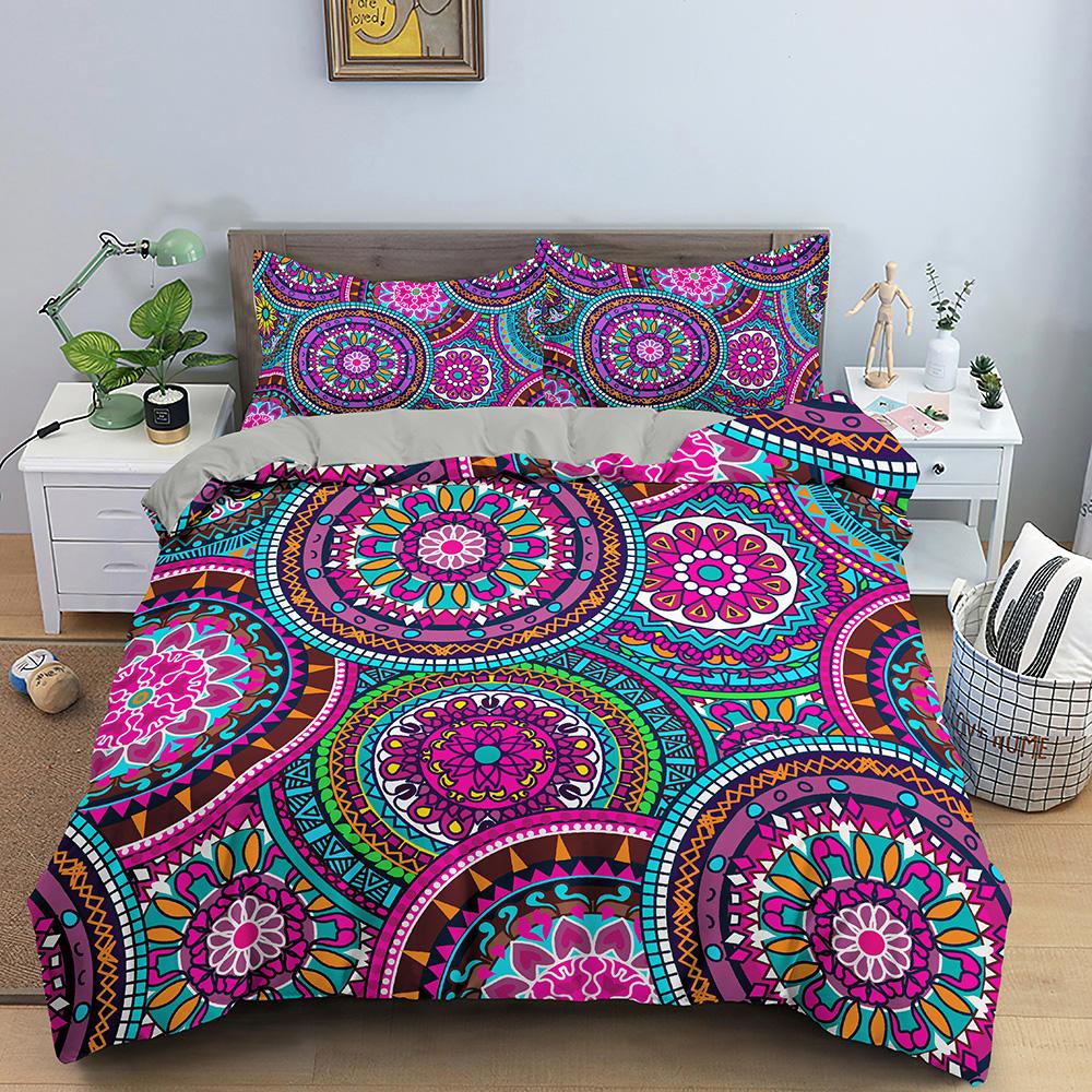 Mandala Duvet Cover Set King Tie Dye Paisley Quilt Cover Purple Boho Hippie Trippy Floral Exotic Style Bedding Set