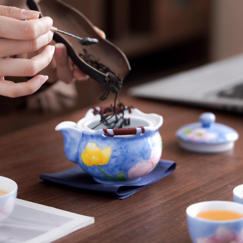Hand-painted peony travel tea set, one pot and two cups, outdoor portable express cup, ceramic bubble teapot, teacup.