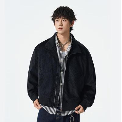 FengXun Men's Stand Collar Jacquard Corduroy Jacket