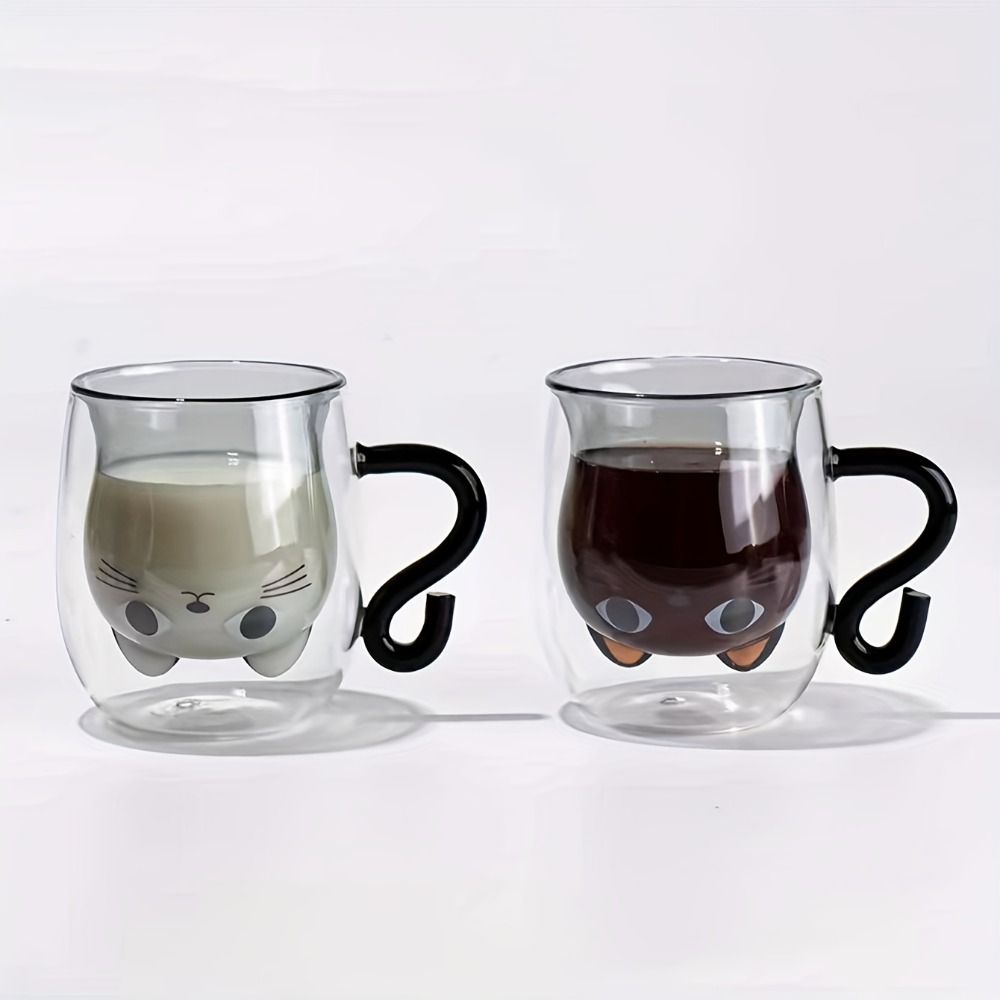 Glass Espresso Coffee Cups Cartoon Cat Water Cups Insulated Coffee Mugs  Gift