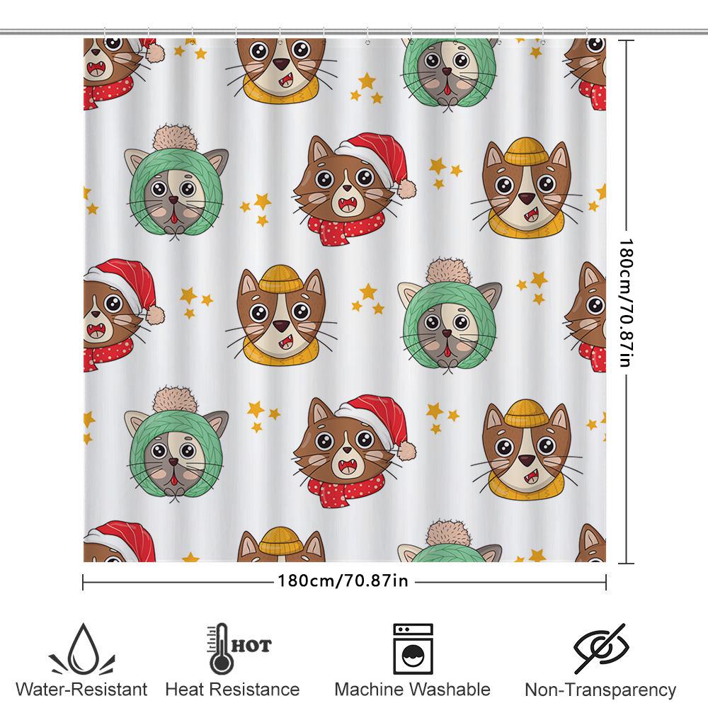 12-Piece Christmas Shower Curtain Set With Cats In Hats Bath Decor For Home Decoration Perfect Gift Idea (White) #