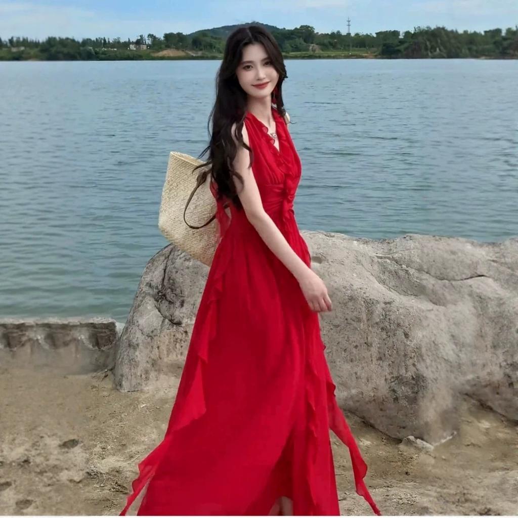 French super fairy vacation style flower streamer sleeveless dress women's summer new women's clothing big swing long skirt