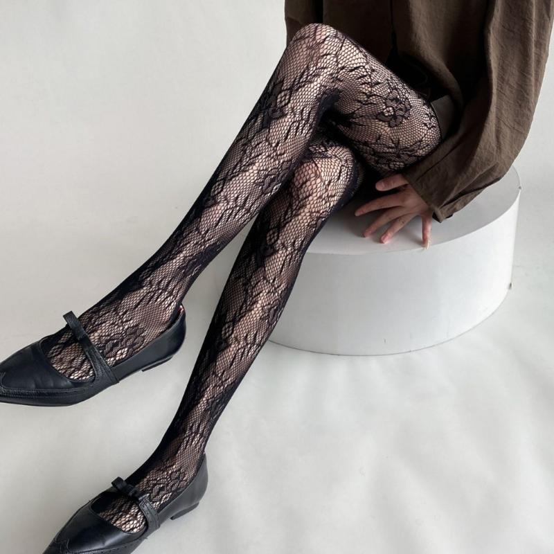 Womens Japanese JK Vintage Flower Jacquard Fishnet Tights Stockings Sexy Hollowed Out Lace Sheer Pantyhose Leggings