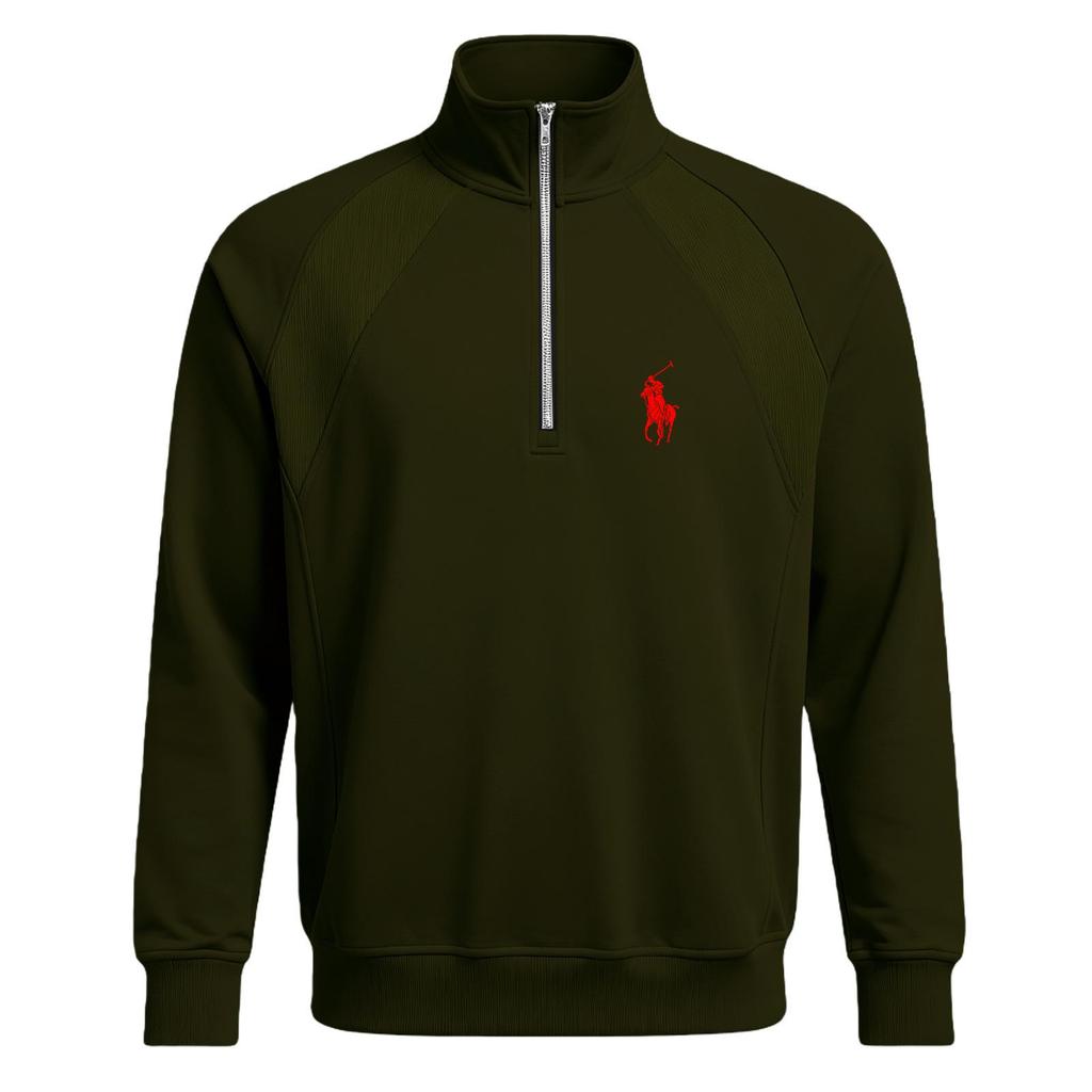 Autumn Men's Versatile Printed POLO Stand Collar Half-Zip Plus Velvet Casual Sports Sweatshirt Jacket