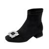 Autumn/Winter Rhinestone Buckle Chunky Heel Slimming Velvet Sock Boots for Women