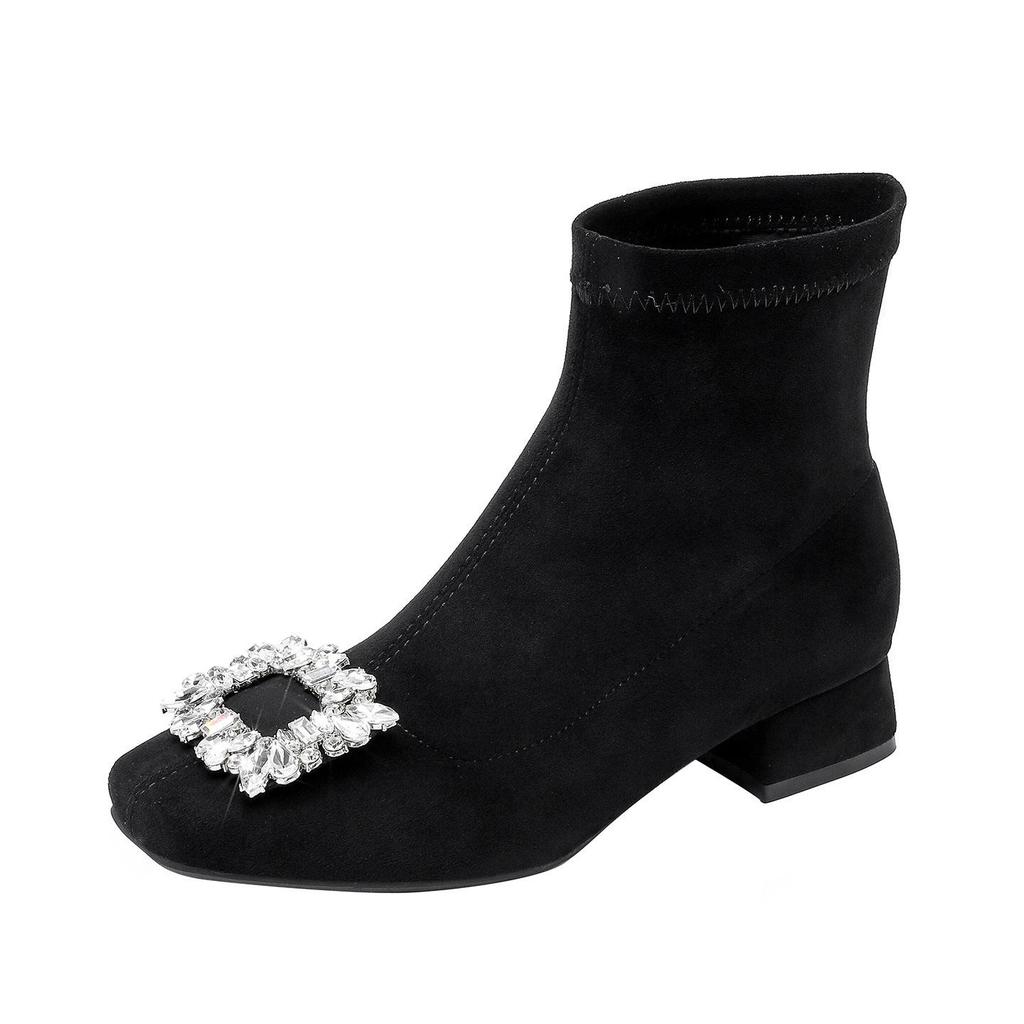 Autumn/Winter Rhinestone Buckle Chunky Heel Slimming Velvet Sock Boots for Women