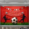 2D, birthday party background fabric with football theme, football players kicking the ball, center featuring classic football.