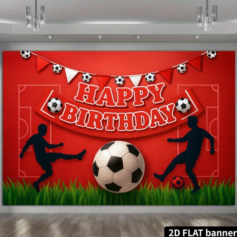 2D, birthday party background fabric with football theme, football players kicking the ball, center featuring classic football.