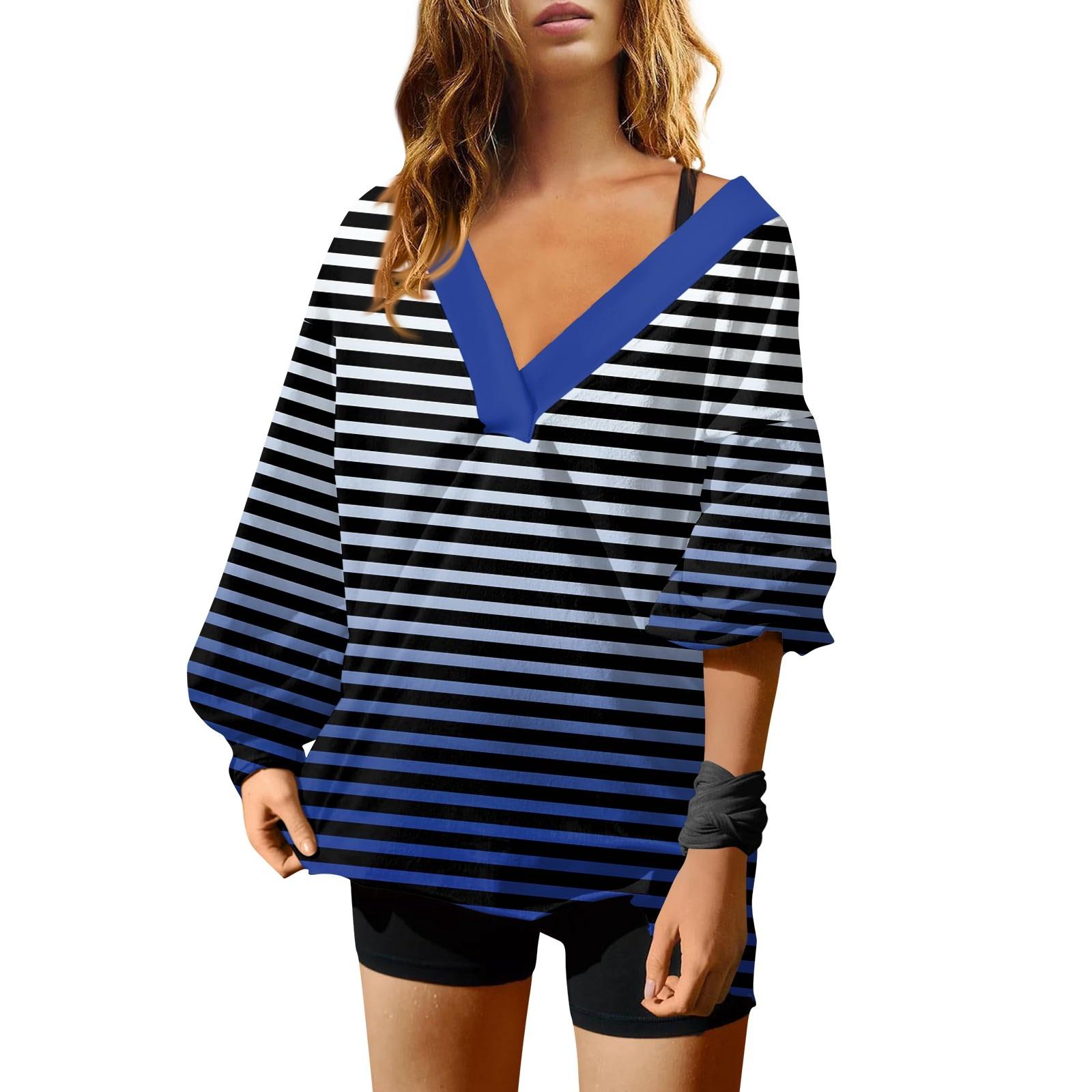 Женская мода полосатый принт V-образный вырез длинный рукав свободный пуловер свитшот — фото 7