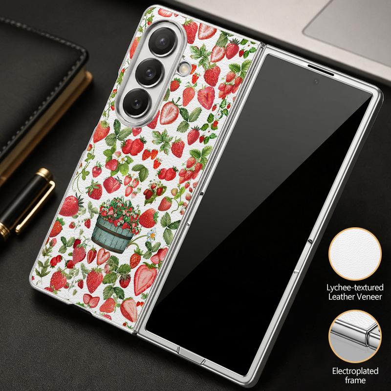 Vintage Strawberry Flower Print Case For Samsung Z Fold 8 Ultra 7 6 5 Luxury Plating Leather Skin Hard Phone Cover For Galaxy Z Fold8 Fold7 Fold6