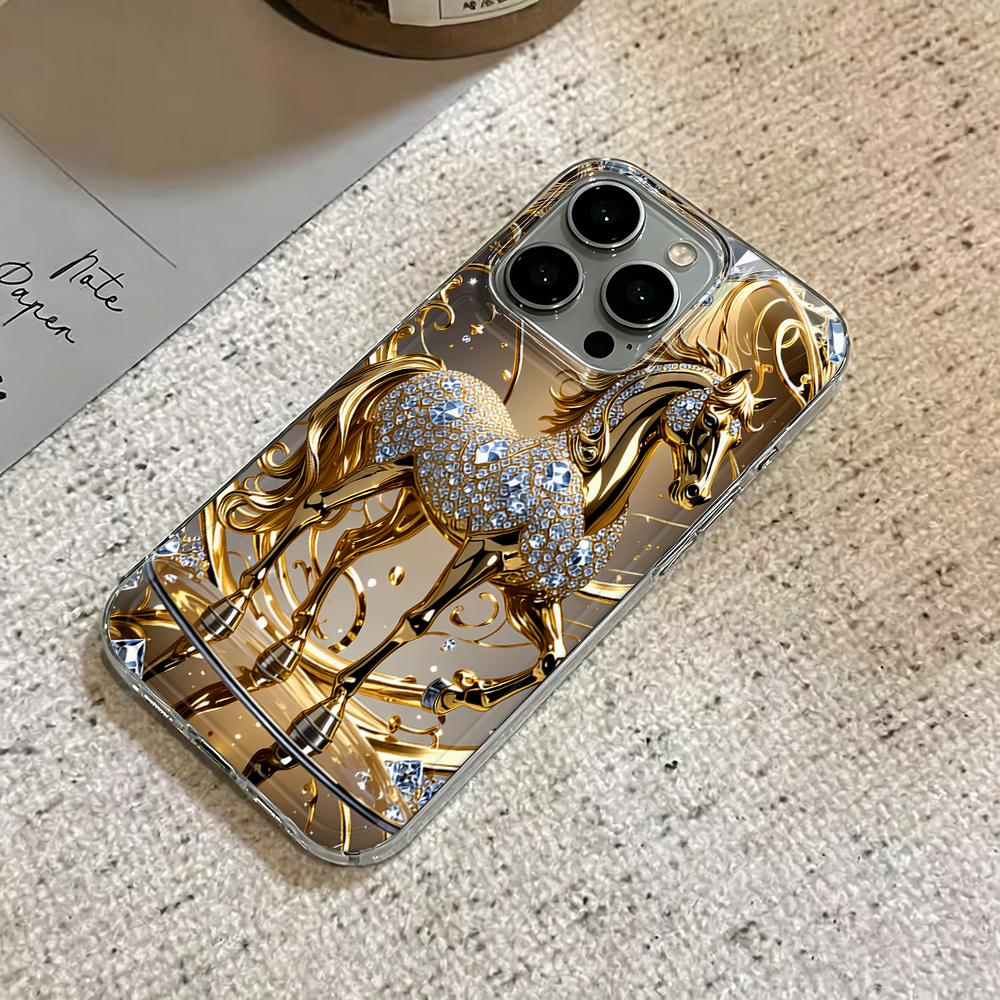 Pattern Diamond-Encrusted Golden Horse Phone Case For Iphone 17 Pro Max 16 15 Pro 14 13 12 11 17 Air 16 Plus Soft Clear Cover