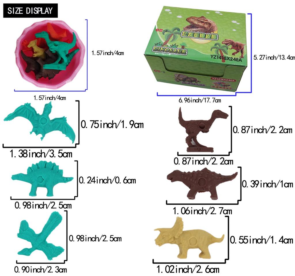 Ranvi Dinosaurier-Bleistiftgummi mit 24 Mini-Dinosaurier-Tier-Spielzeugen für Tier-Radiergummis für Party und Schulbedarf 168-teilige Eier, Radiergummis,