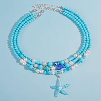 Piece Set Fashionable Marine Style Blue Imitation Crystal Soft Ceramic Bead Pendant Necklace Suitable for Women's Dance Party