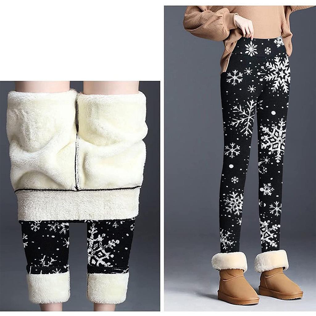 Womens Christmas Print Thickened Lambswool High Waist Stretch Thickened Cashmere Warm Pants