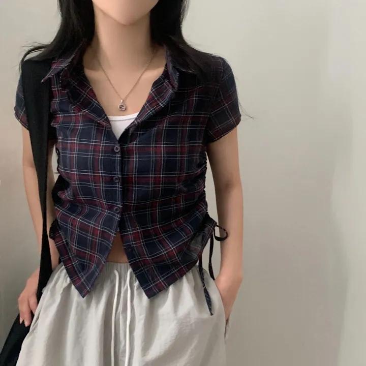 Harajuku Fashion Pleated Plaid Slim Shirt Women High Street Vintage Shirring Shirts Office Lady Chic Design Casual Tops 2026 New