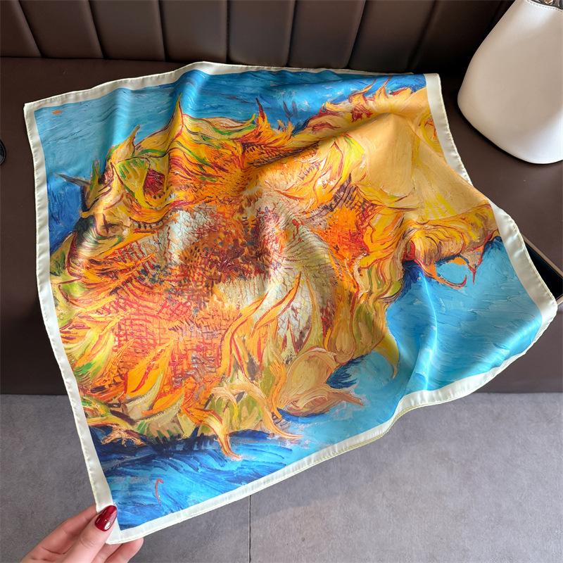 Oil Painting Printed Sunflower Square Scarf Luxury Ladies Neckerchief Soft Satin Shawl Women'S Decorative Bandana
