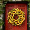 Künstlicher Sonnenblumenkranz mit grünen Blättern Hängender Falscher Frühlingskranz für Haustür Eingangsbereich Wand Heimdekoration