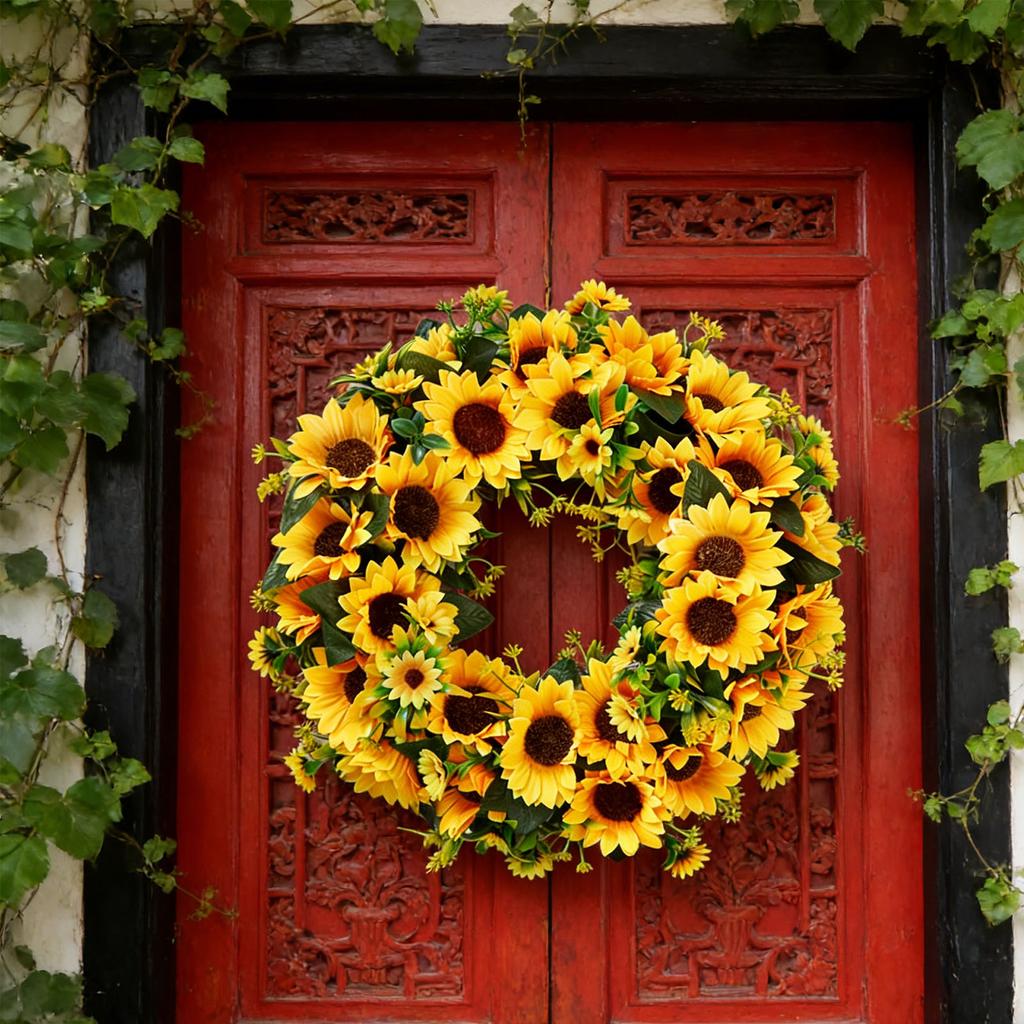 Künstlicher Sonnenblumenkranz mit grünen Blättern Hängender Falscher Frühlingskranz für Haustür Eingangsbereich Wand Heimdekoration