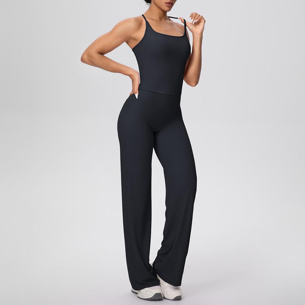 Solid Color Racerback Tank & High-Waist Wide-Leg Yoga Pants Set