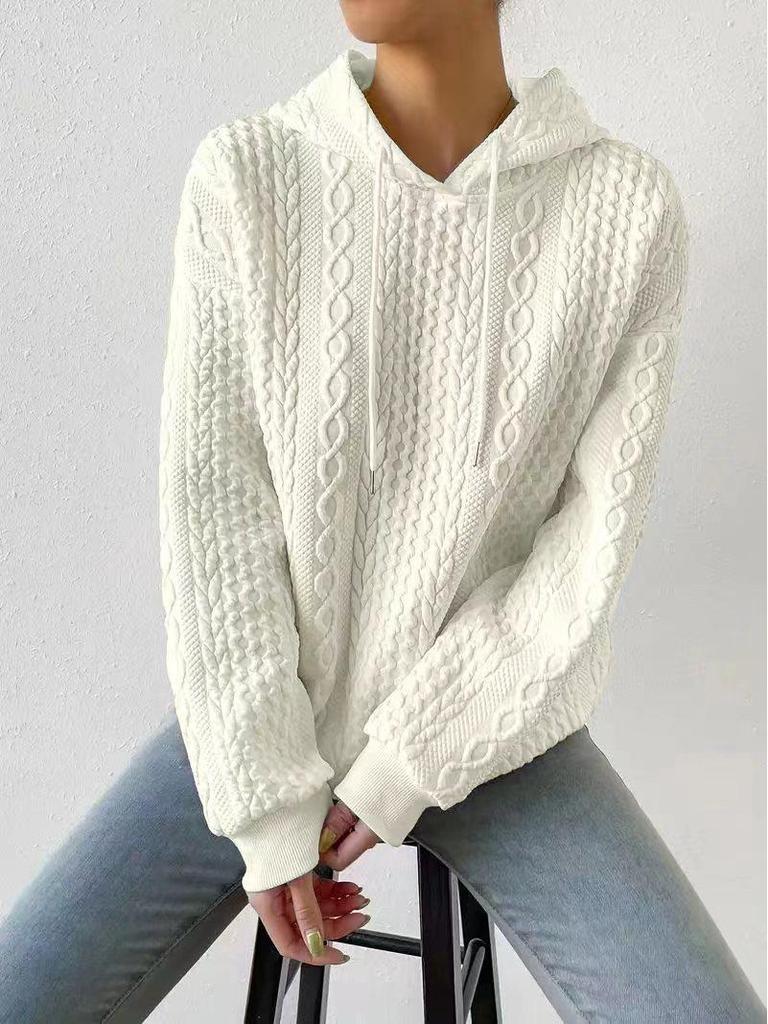 European & American Autumn Plus Size Women's Jacquard Long Sleeve Tie-Up Hooded Knit Sweatshirt, 2023
