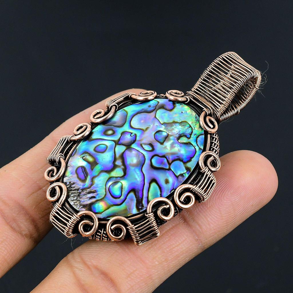 Abalone Shell 999 Copper Wire Wrapped Pendant, Handmade Gemstone Pendant Jewelry, Gifts For Wife Brand New Pendant