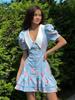 French V-neck Puff Sleeve Summer Dress with Waist-Tightening Print and Ruffle Details for 2025