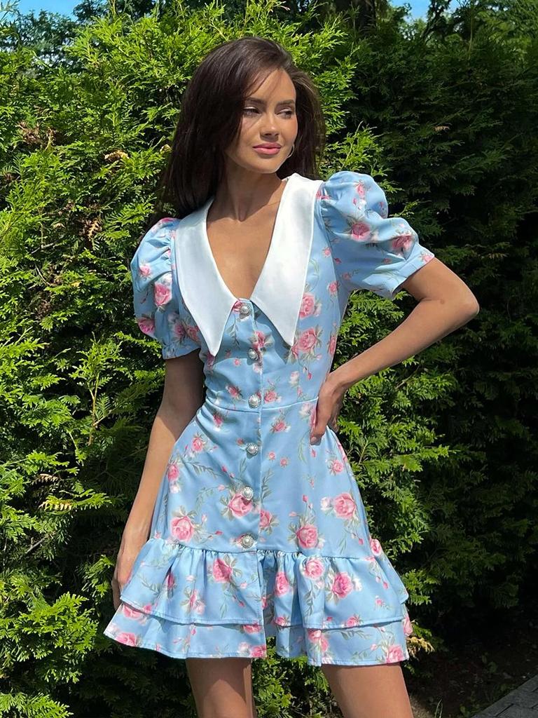 French V-neck Puff Sleeve Summer Dress with Waist-Tightening Print and Ruffle Details for 2025