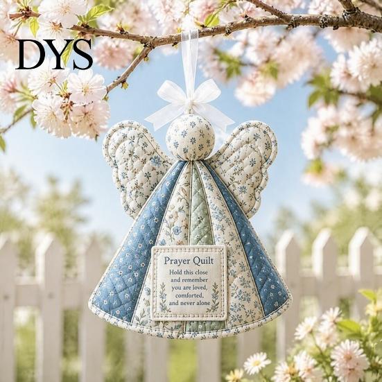 Religious Keepsake Gift Prayer Quilt Angel Ornament, Filled Love Faith Christmas Decoration, Handmade Look Quilted for Xmas Tree, Door Mantel