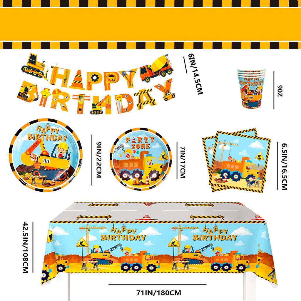 Construction Party Supplies,Tableware Set-Plates Cups Tablecloth Banner Etc Party Tableware for Dump Truck Excavator Construction Theme Party